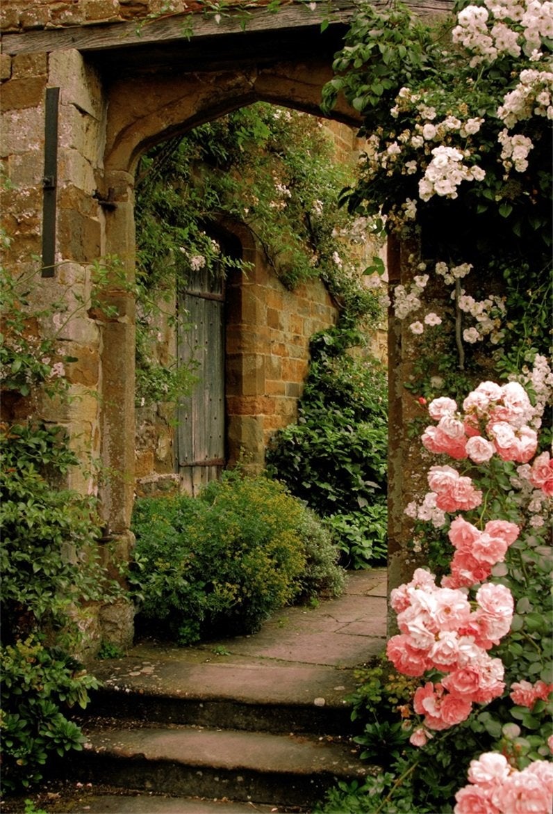AOFOTO 6x8ft Vintage Garden Flowers Backdrop Blossoms Photography Background Medieval Castle Shabby Brick House Girl Adult Artistic Portrait Travel Photo Shoot Studio Props Video Drop Wallpaper Drape - Image 1